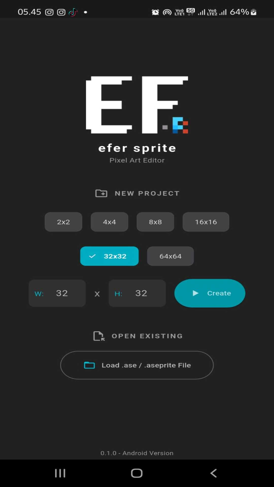 efer sprite running on Android — Aseprite-compatible pixel art editor on mobile